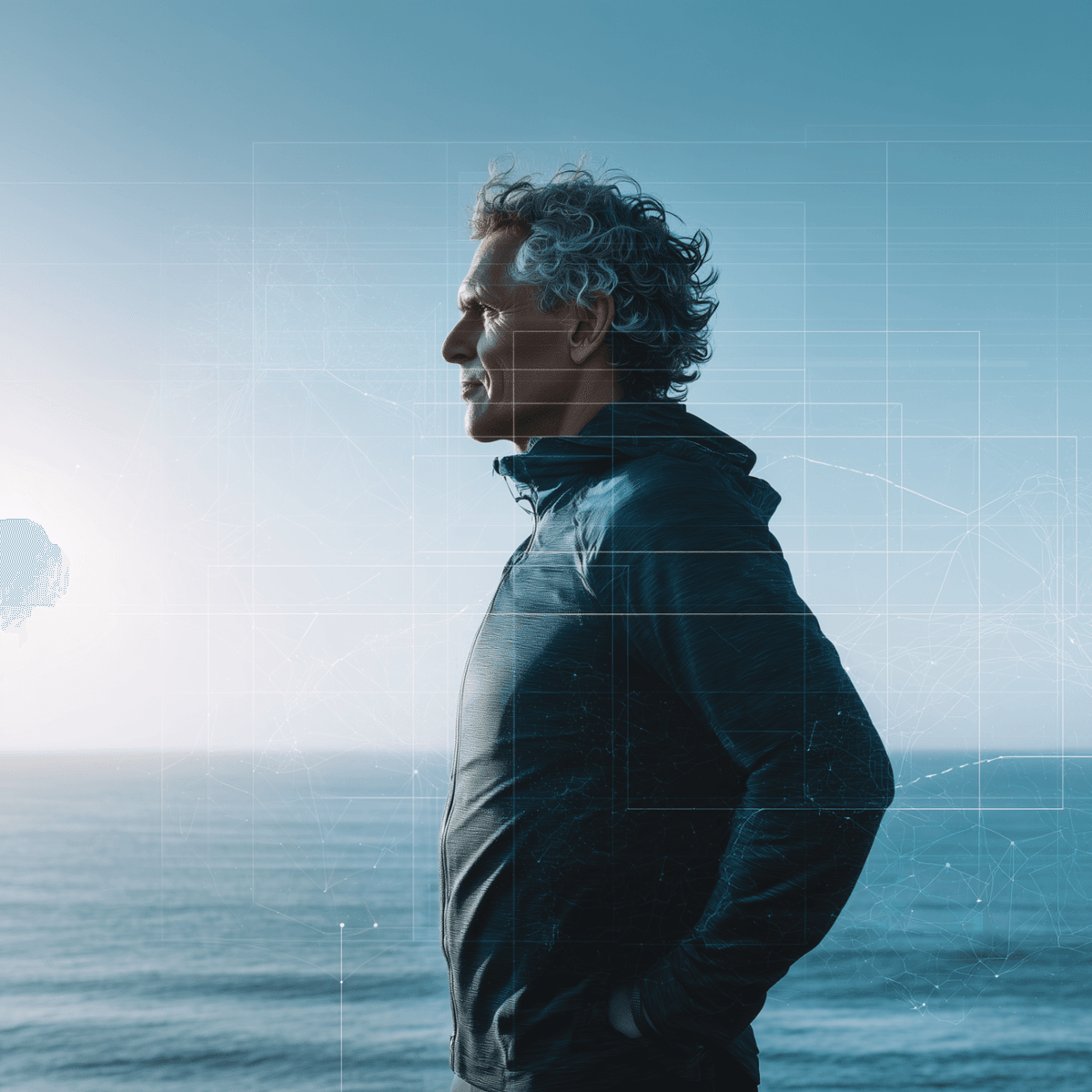 Man embracing healthy longevity lifestyle with digital wellness tracking technology overlooking natural landscape demonstrating healthspan optimisation